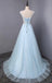 Light Blue Scoop Neckline Flower Embroidery A-Line Long Prom Dress, Beautiful Prom Dress, Prom Dresses, TYP0303