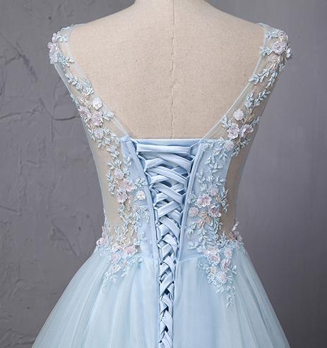 Light Blue Scoop Neckline Flower Embroidery A-Line Long Prom Dress, Beautiful Prom Dress, Prom Dresses, TYP0303