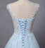 Light Blue Scoop Neckline Flower Embroidery A-Line Long Prom Dress, Beautiful Prom Dress, Prom Dresses, TYP0303