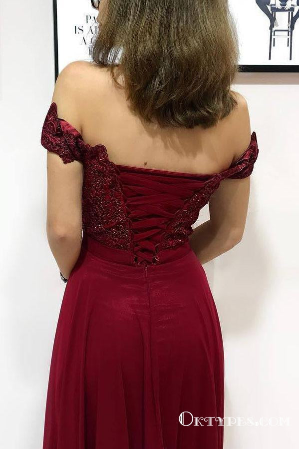 Off the Shoulder Burgundy Long Prom Dresses with Applique & Beaded, TYP1891