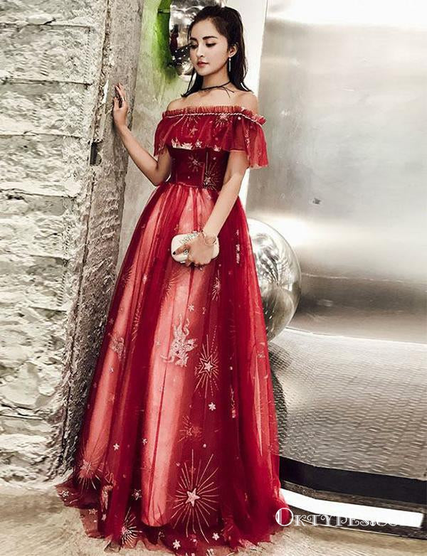 Off The Shoulder Red Long  Appliques Evening Party Prom Dresses, TYP1746