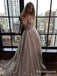 Sparkly Ball Gown V Neck Satin Champagne Sequins Long Prom Dresses, TYP1761