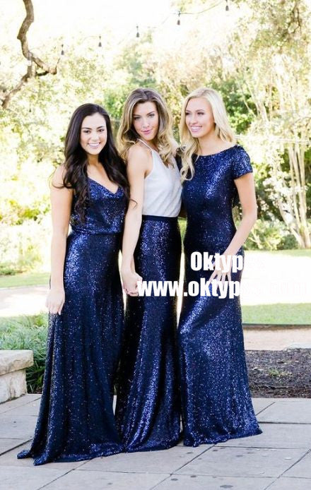 Mismatched Navy Blue Sequined Long Bridesmaid Dresses, TYP0913