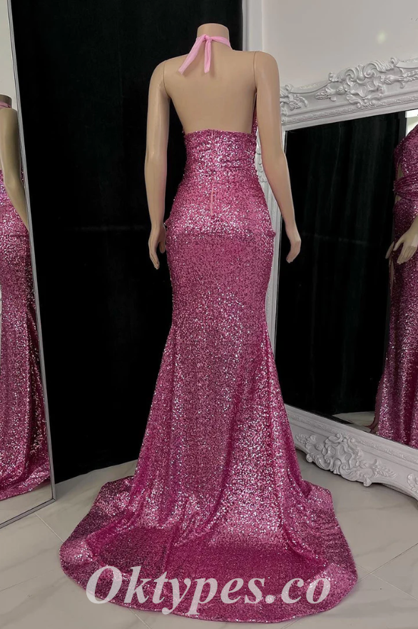 Sexy Sequin Halter Sleeveless OPen Back Side Slit Mermaid Long Prom Dresses,PDS0534