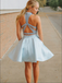 Two Pieces Halter Sleeveless Backless Blue Short Homecoming Dresses, HDS0094