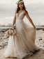 Popular V-neck A-line Open Back Tulle Long Wedding Dresses, WDS0107