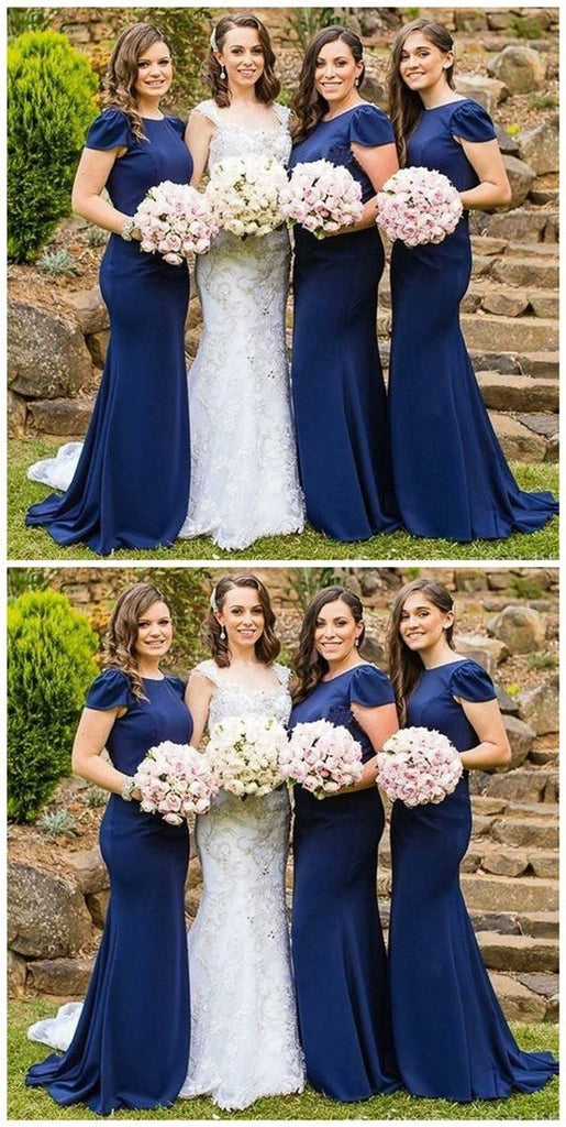 New arrival Long Mermaid Navy Blue Cap sleeves Cheap Bridesmaid Dresses Online, TYP1099