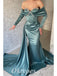 Sexy Satin Off Shoulder Long Sleeve V-Neck Sleeveless Mermaid Long Prom Dresses With Train,PDS0521