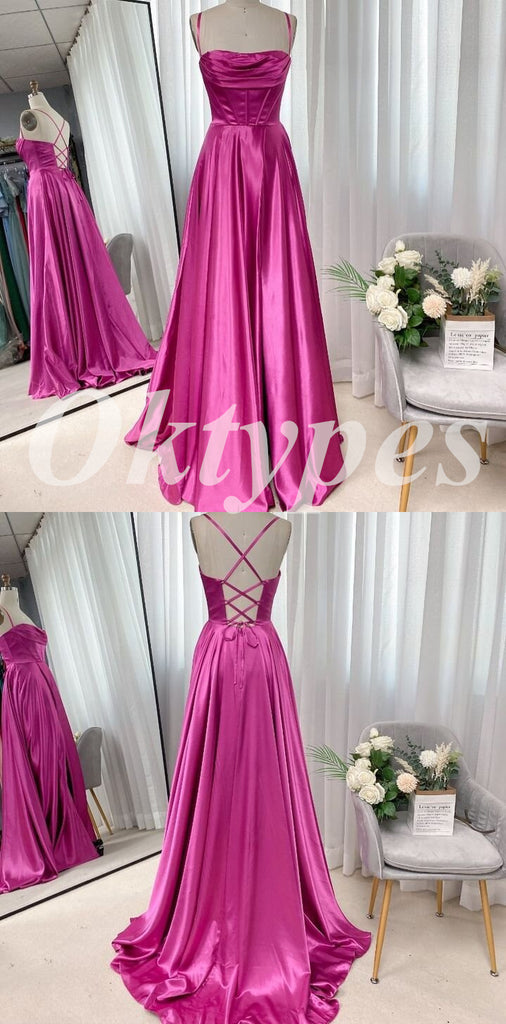 Sexy Satin Spaghetti Straps Criss Cross Lace Up A-line Long Prom Dresses,PDS0767