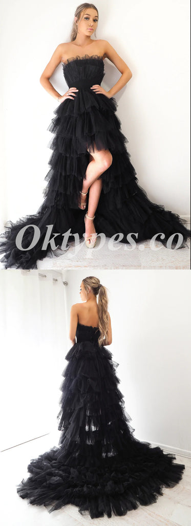 Sexy Black Tulle Sweetheart Sleeveless High Low A-Line Long Prom Dresses,PDS0706