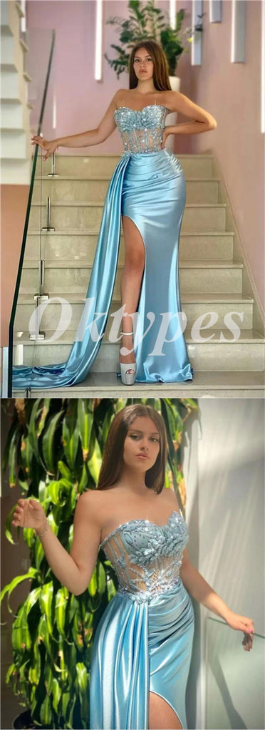 Sexy Satin Sweetheart Sleeveless Side Slit Mermaid Long Prom Dresses With Applique And Rhinestone ,PDS0788