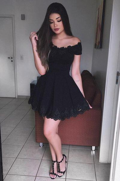 Off Shoulder Black Lace Simple Cheap Short Homecoming Dresses 2018, Little Black Dress, CM548