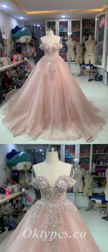 Elegant Tulle Off Shoulder V-Neck Sleeveless A-Line Long Prom Dresses/Ball Gown With Beading,PDS0696