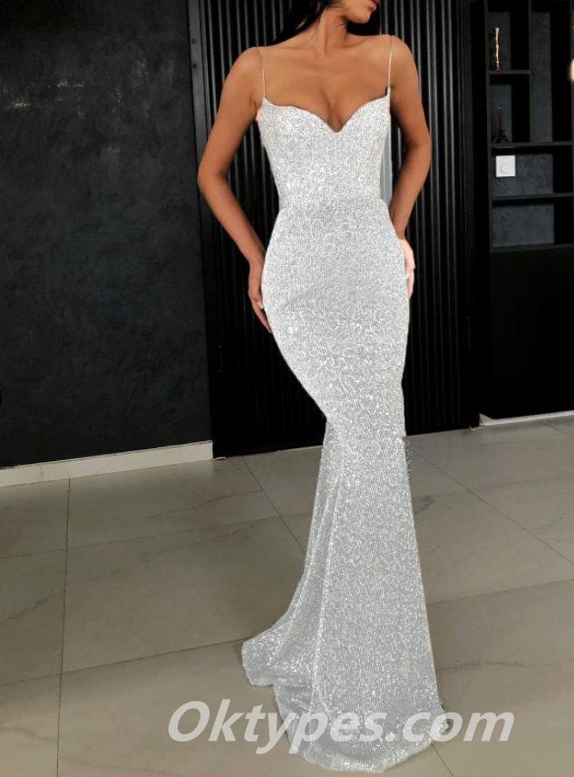 Sexy Charming Sequin Spaghetti Straps V-Neck Mermaid Long Prom Dresses ,PDS0381