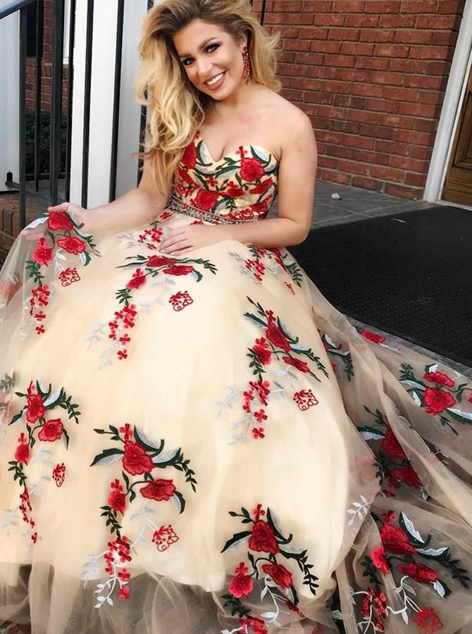 Charming Sweetheart Floral Flower Applique Long Prom Dresses, TYP1467