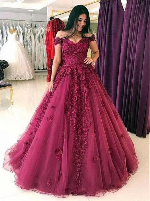 Burgundy Off The Shoulder Ball Gown Long Tulle Prom Dresses, TYP1458