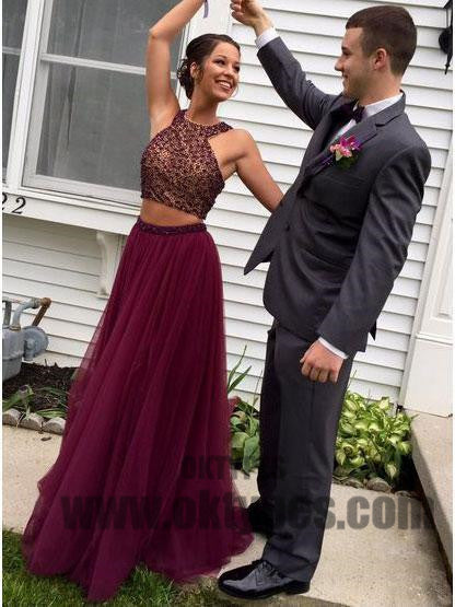 Two Piece Long Floor Length Tulle Prom Dresses, Beading Prom Dresses, Halter Prom Dresses, Charming Prom Dresses,TYP0268