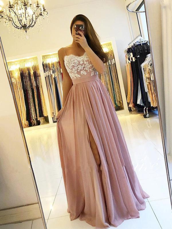 Spaghetti Strap Dusty Rose Prom Dresses with Slit Cheap Lace Bodice Bridesmaid Dresses, TYP1233