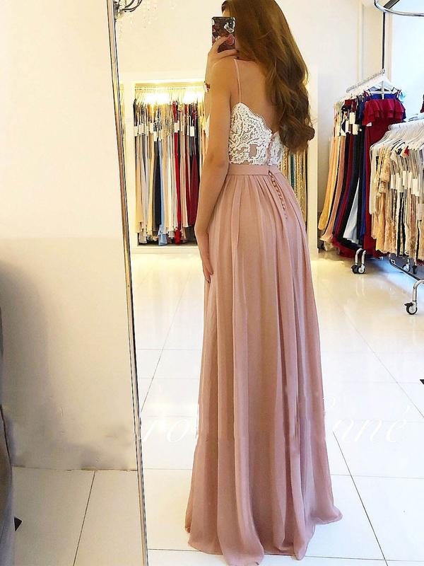 Spaghetti Strap Dusty Rose Prom Dresses with Slit Cheap Lace Bodice Bridesmaid Dresses, TYP1233