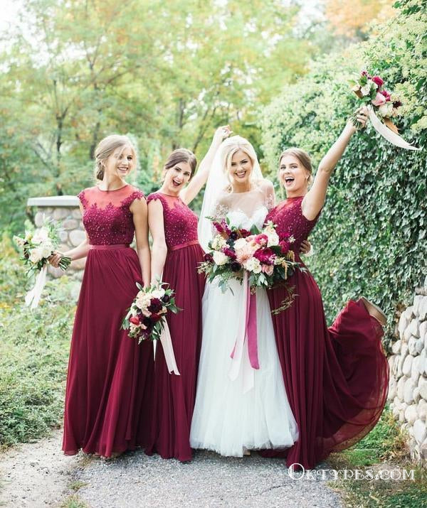 Burgundy Long Bridesmaid Dresses Modest Lace Applique Formal Dresses, TYP1234