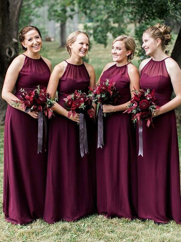 Plus Size Burgundy Long Cheap Chiffon Bridesmaid Dresses with Halter Neck, TYP1232