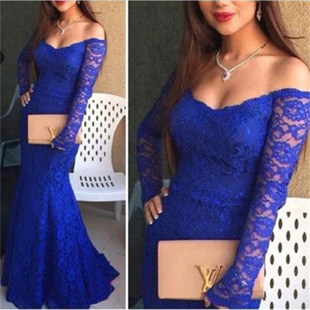 Off Shoulder Sexy Royal Blue Lace Mermaid Prom Dresses, Cheap Prom Dress, TYP0021