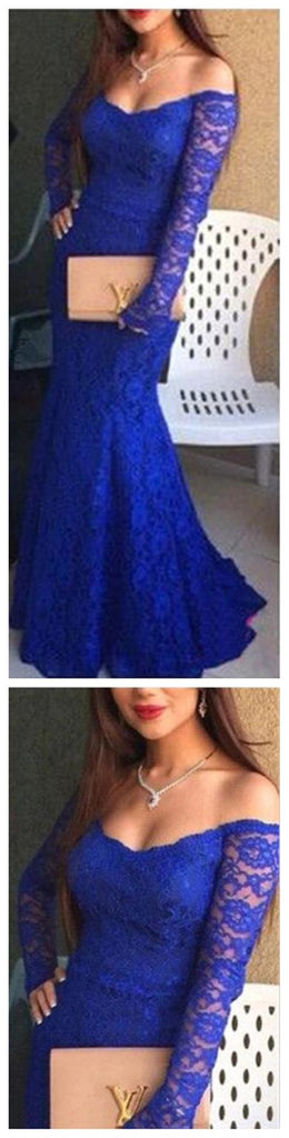 Off Shoulder Sexy Royal Blue Lace Mermaid Prom Dresses, Cheap Prom Dress, TYP0021