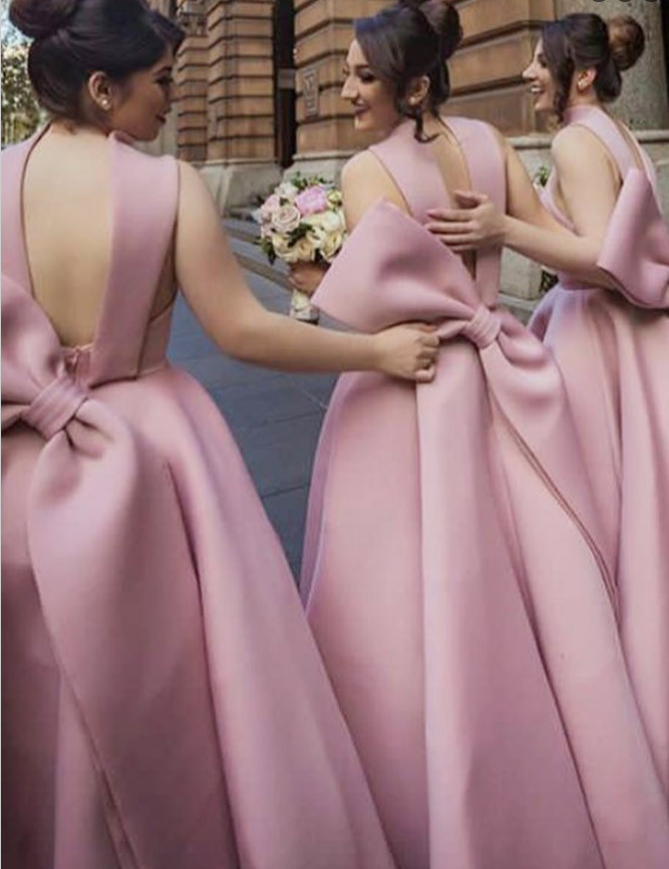 A-Line High Neck Navy Blue Satin Bridesmaid Dresses with Bow Knot, TYP1312