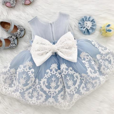 Blue Satin Off White Applique See Through Back Bow Knot Flower Girl Dresses, TYP1419