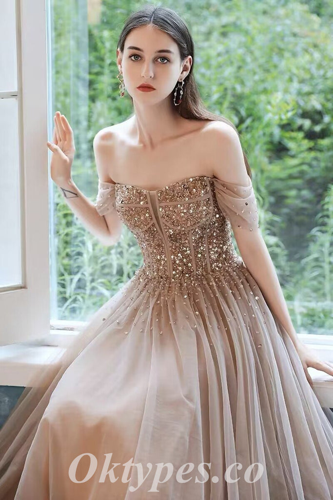 Elegant Tulle Off Shoulder Sleeveless A-Line Long Prom Dresses With Applique And Besding,PDS0710