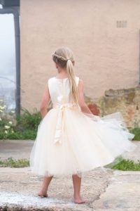 Popular Round Neck Champagne Appliqued Tulle Long Cheap Flower Girl Dresses, FGS0007