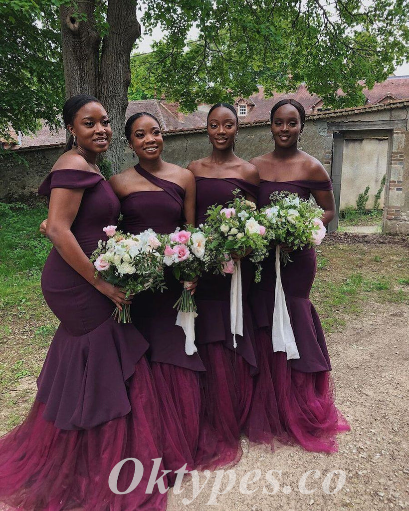 Mismatched Elegant Soft Satin And Tulle Sleeveless Mermaid Floor Length Bridesmaid Dressses, BDS0247