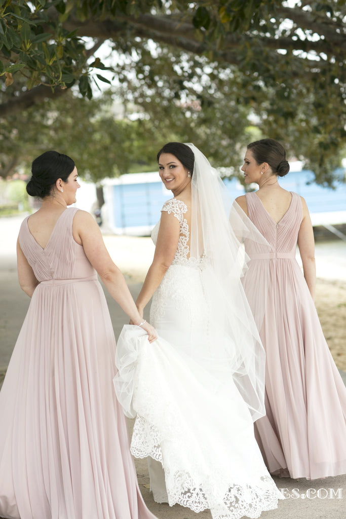 Newest V-neck A-line Pink Chiffon Long Cheap Bridesmaid Dresses, TYP1853