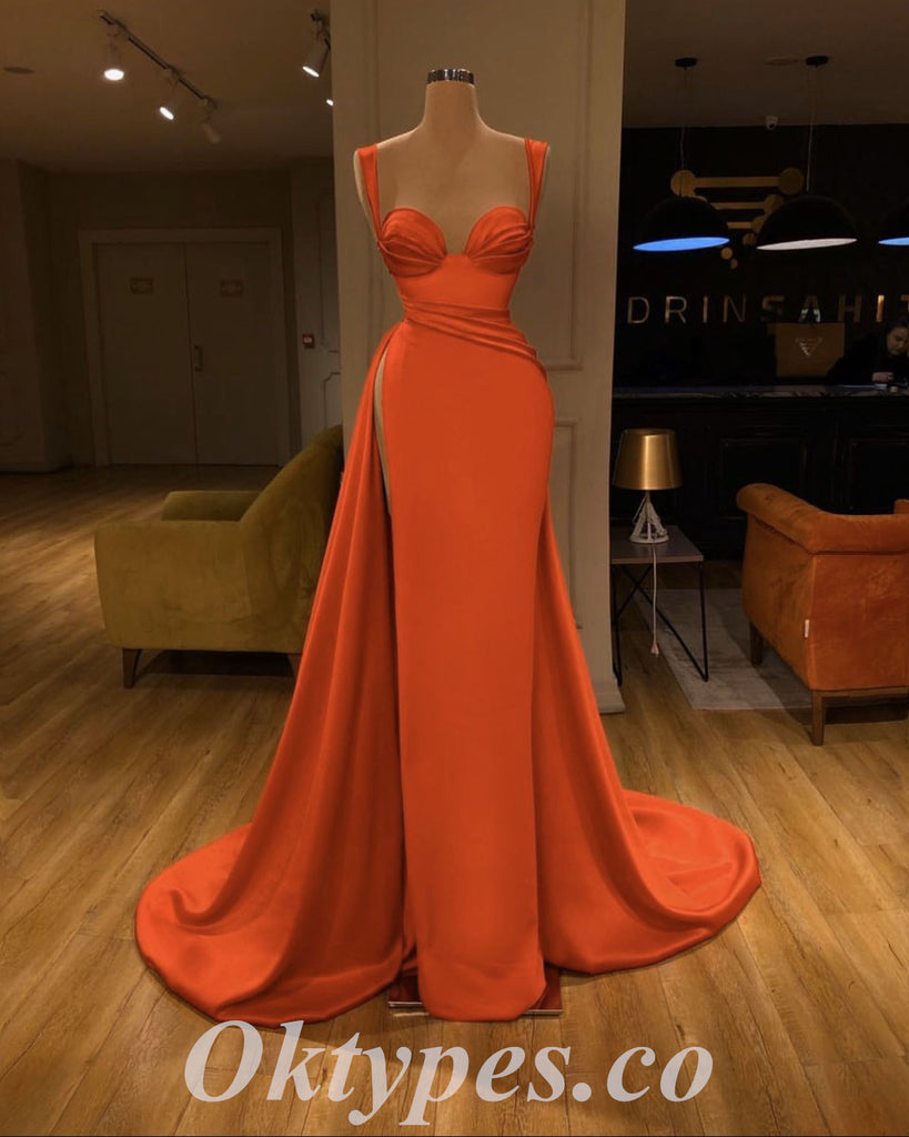 Elegant Orange Satin Spaghetti Straps Sleeveless Side Slit Mermaid Long Prom Dresses With Pleats,PDS0515