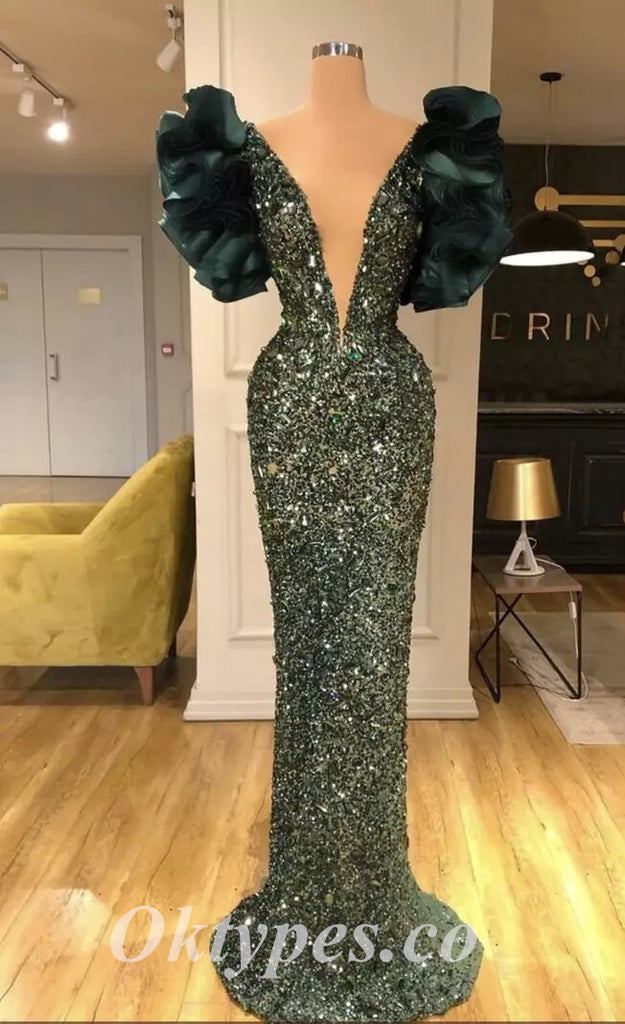 Sexy Shiny Sequin Short Sleeve Deep V-Neck Mermaid Long prom Dresses, PDS0836