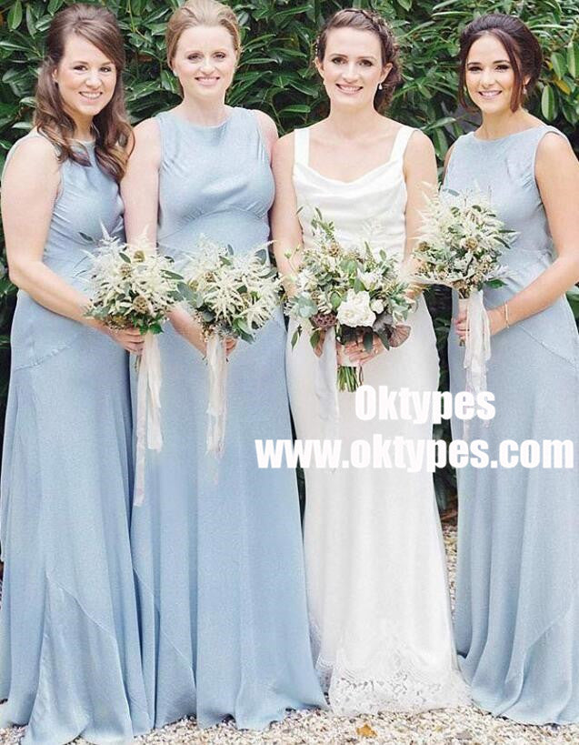 A-Line Round Neck Sleeveless Light Blue Satin Bridesmaid Dress, TYP0955