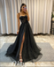 Sexy Black Sequin Tulle Spaghetti Straps Sleeveless Side Slit A-Line Long Prom Dresses With Applique,PDS0676