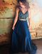 Two Piece Spaghetti Straps Blue Satin Prom Dresses with Beading, TYP1289