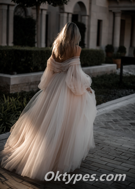 Sexy Tulle Off Shoulder Long Sleeve A-Line Long Wedding Dresses With Beading,WDS0129