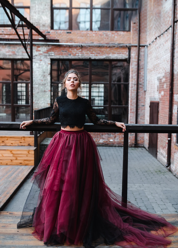 Two Pieces Black Lace Top And Tulle Burgundy Bottom Long Sleeves Open Back Wedding Dresses, WDS0119