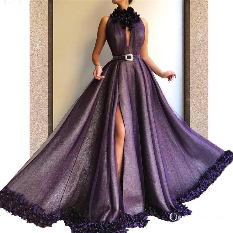 Purple Long A-line Split Cheap Prom Dresses With Flowers, TYP1750