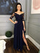 Navy Blue Half Sleeves Side Slit A Line Lace Prom Party Dresses, TYP1446