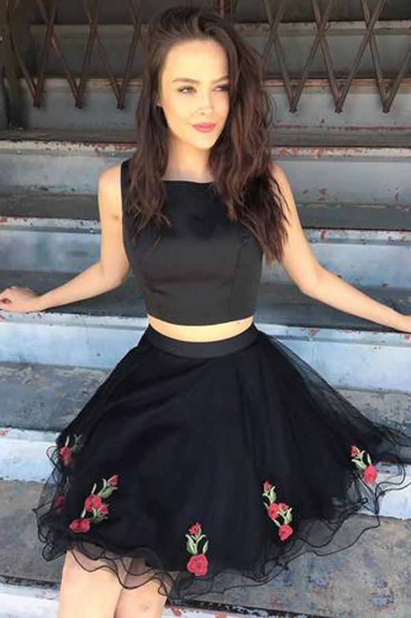 Cute Simple Two Piece Black Lace Cheap Homecoming Dresses 2018, CM416