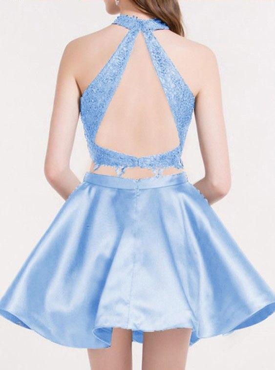 Two Pieces Blue Lace Halter Cheap Homecoming Dresses 2018, CM410