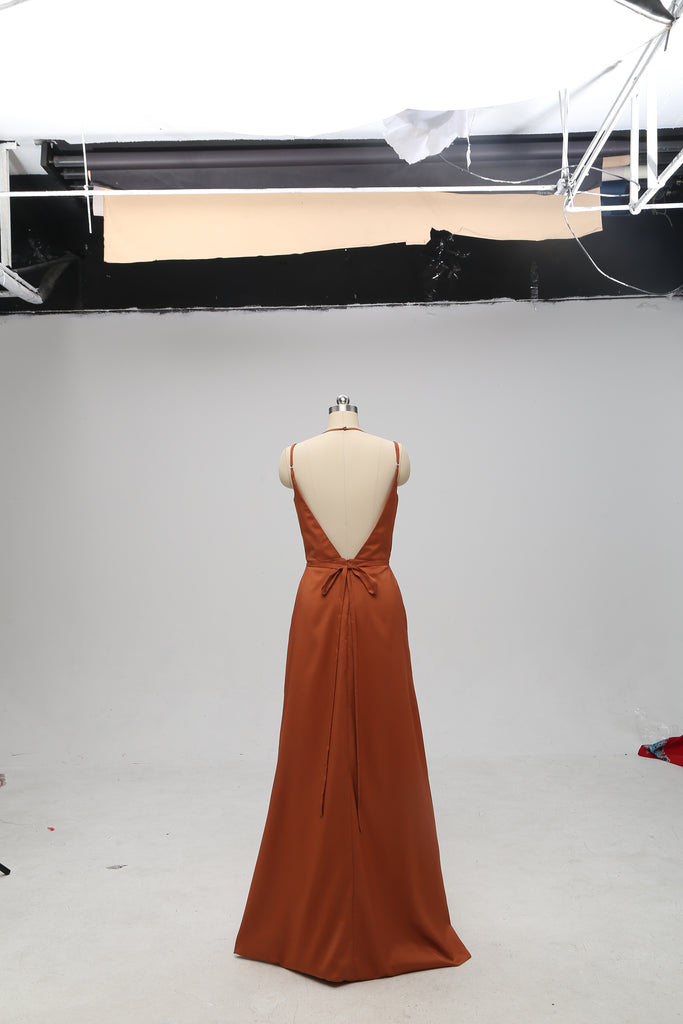 Elegant Orange V-neck Side Slit Backless Bridesmaid Dresses Online, TYP1071