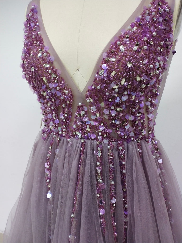 Grape Tulle Long Cheap Prom Dresses With Beaded_US10, SO020