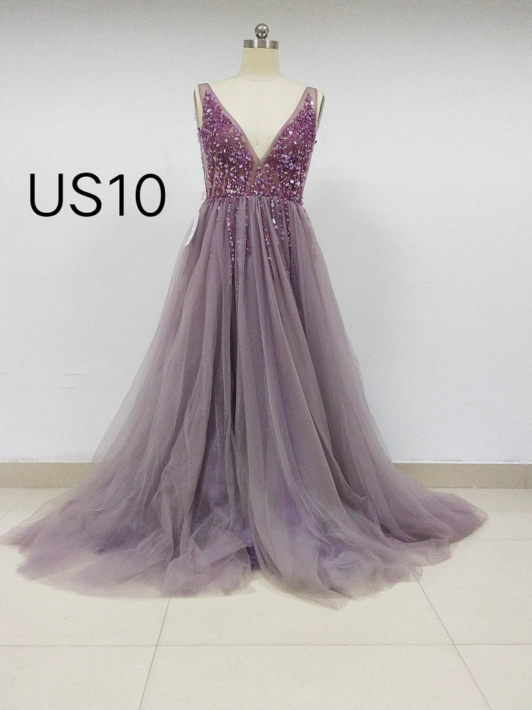 Grape Tulle Long Cheap Prom Dresses With Beaded_US10, SO020