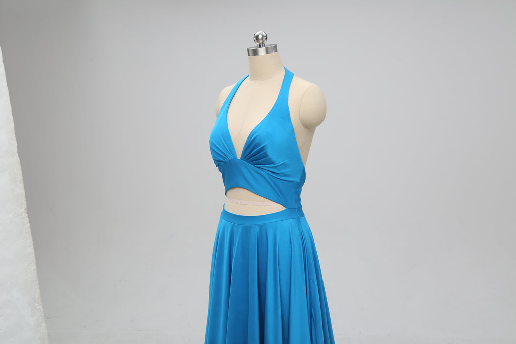 Sexy Teal Halter V-neck Backless Long Cheap Bridesmaid Dresses Online, TYP1073