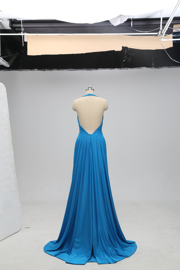 Sexy Teal Halter V-neck Backless Long Cheap Bridesmaid Dresses Online, TYP1073