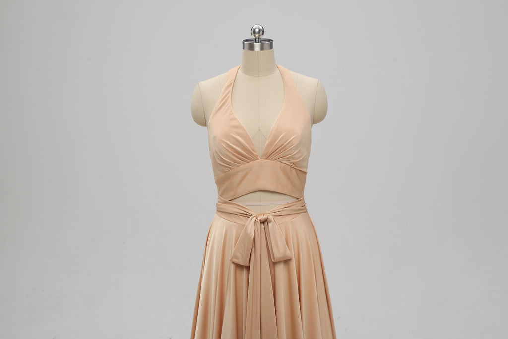 Sexy Gold Halter V-neck Backless Long Cheap Bridesmaid Dresses Online, TYP1074